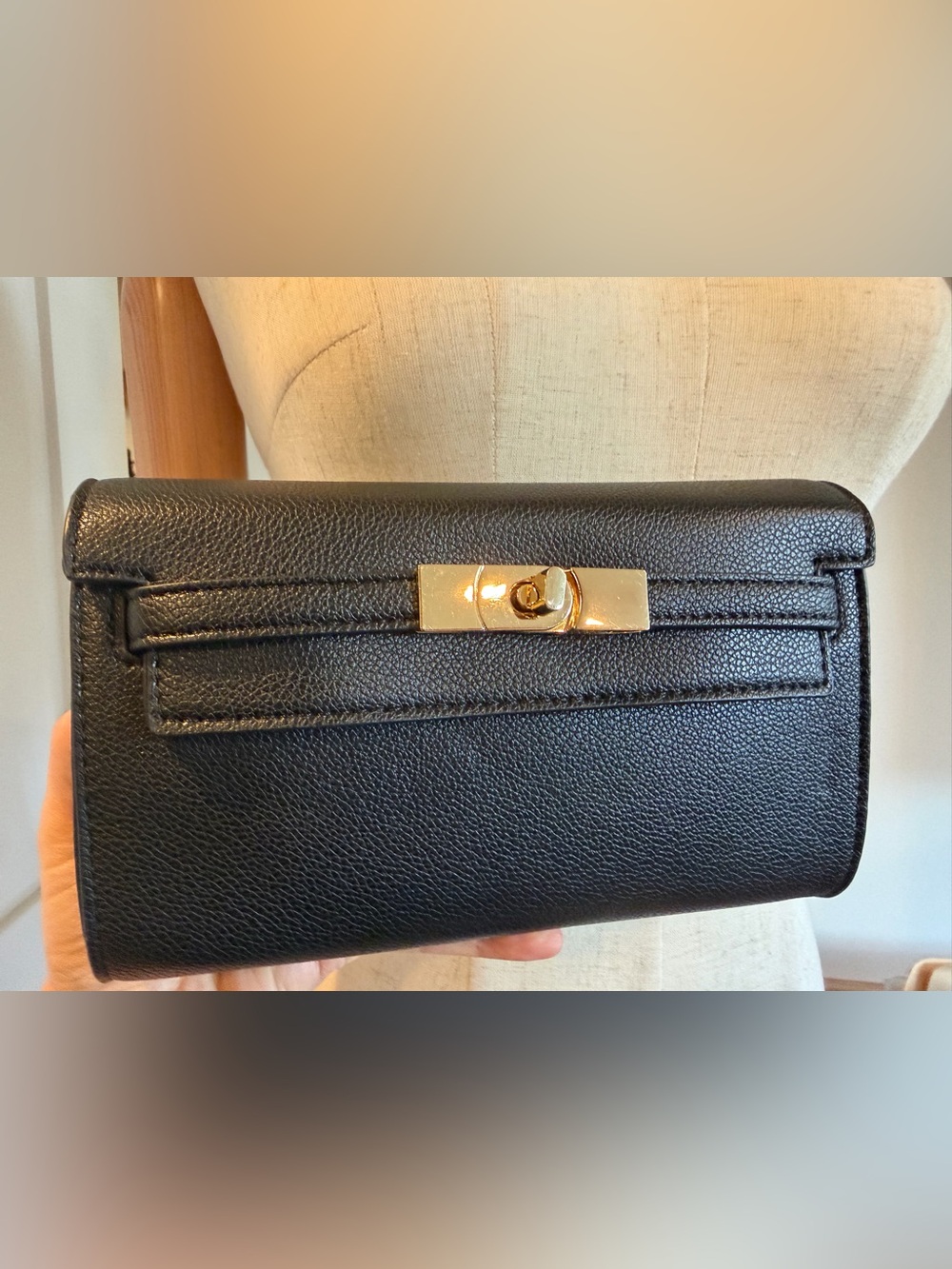 Black Leather Clutch crossbody handbag with Gold Turn-Lock